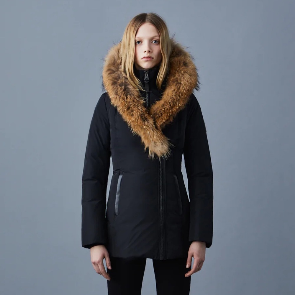Mackage down coat w/ natural signature fur collar (like new)